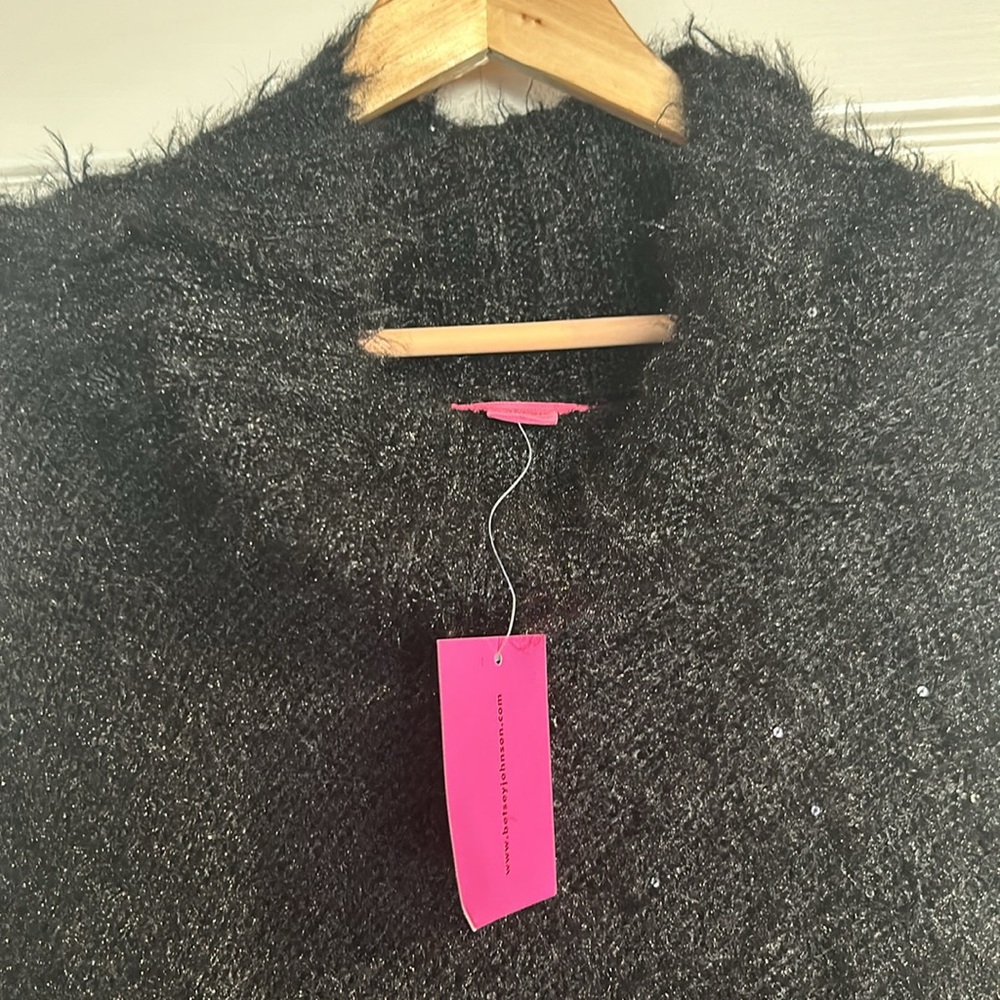 NWT Betsey Johnson Black Soft Cowl neck Fringe Shrug Poncho - Picture 2 of 6